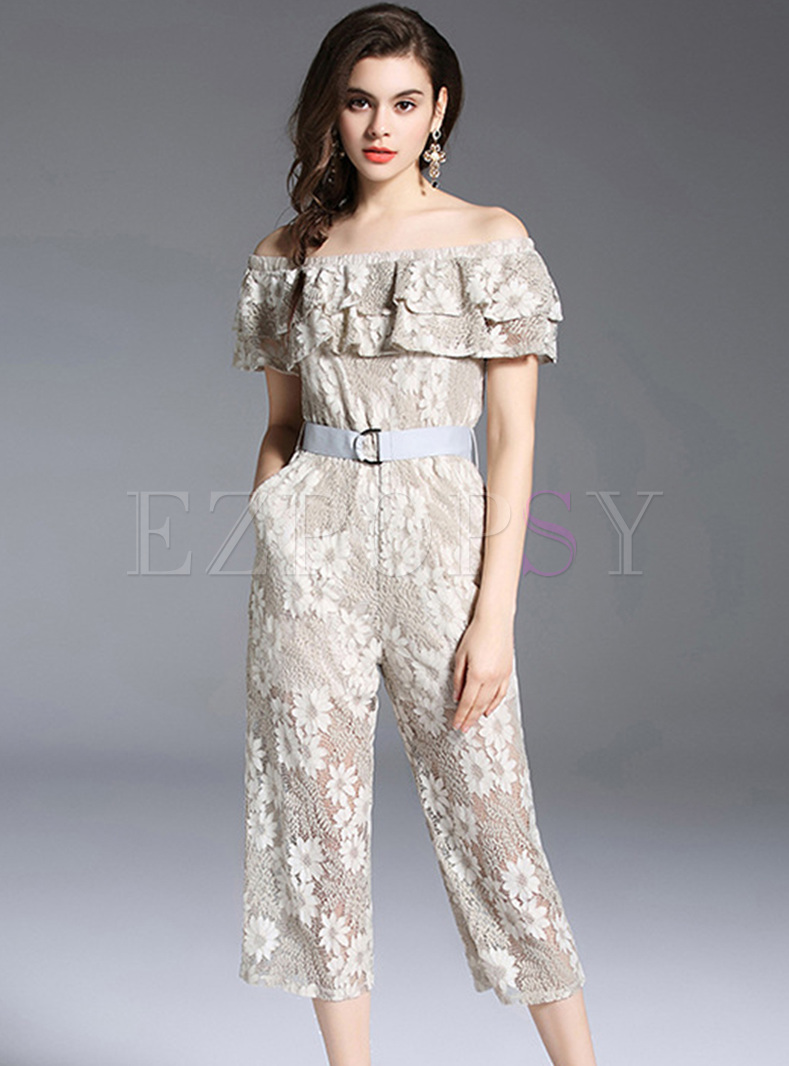 Yellow Lace Flower Embroidery Jumpsuits